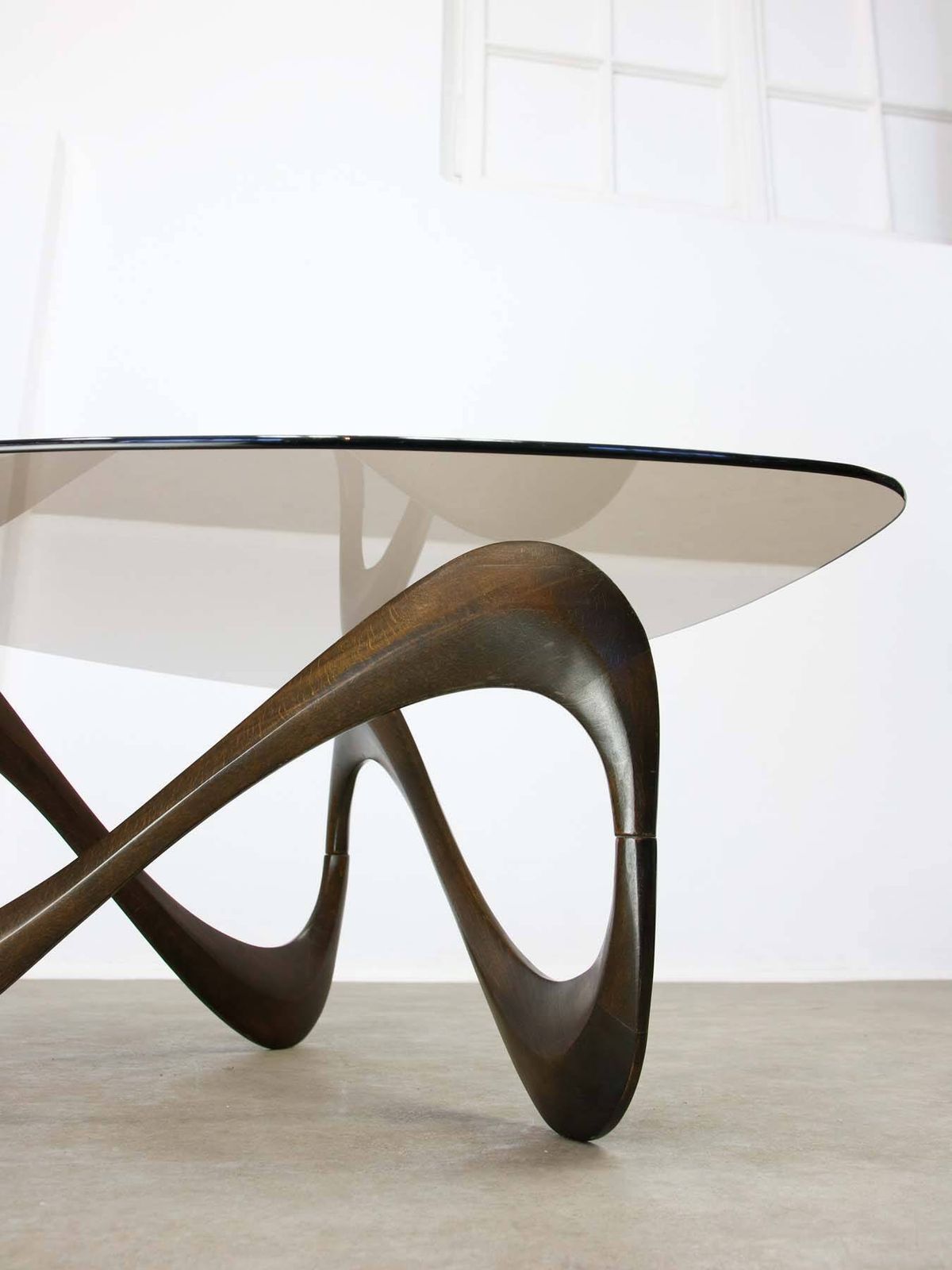 photo vinterior Italian Organic "Snake" Wooden And Smoked Glass Coffee Table, 1960s