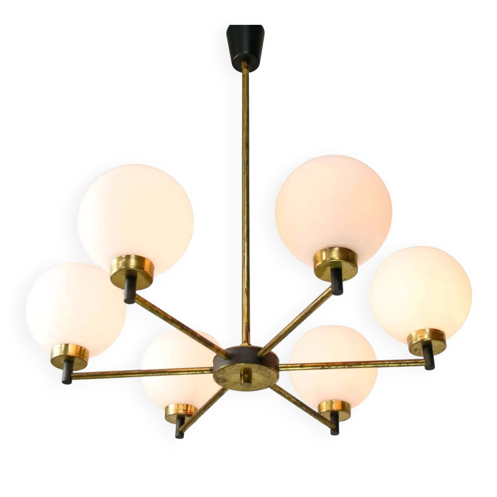 Mid Century Italian Brass And Opaline Chandelier