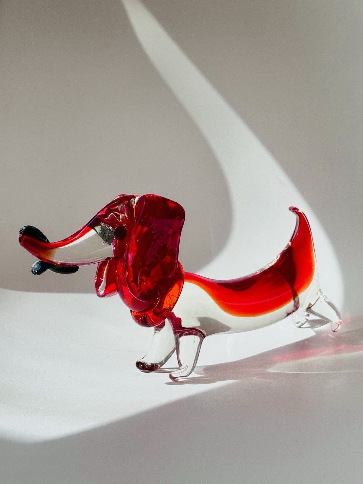 Vintage Murano Dachshund Dog Sculpture In Red & Clear Sommerso Glass