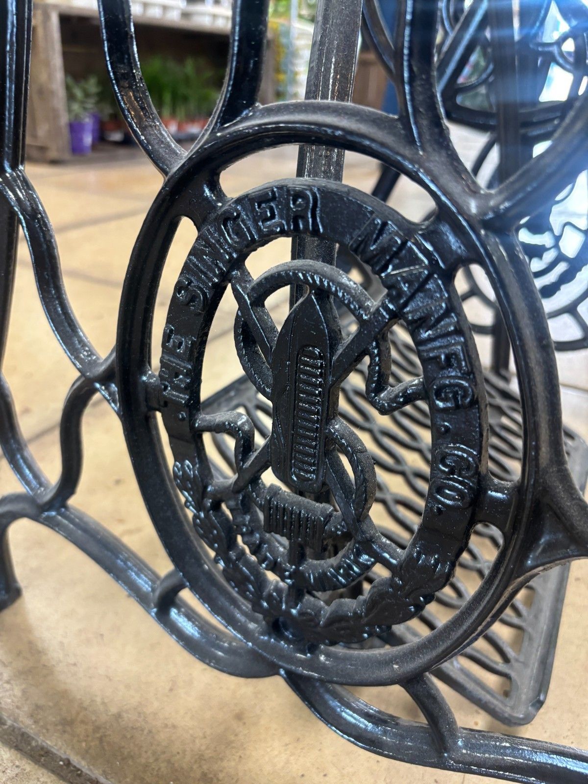 Furniture Antique Cast Iron Singer Sewing Machine Base With Glass Top Table photo