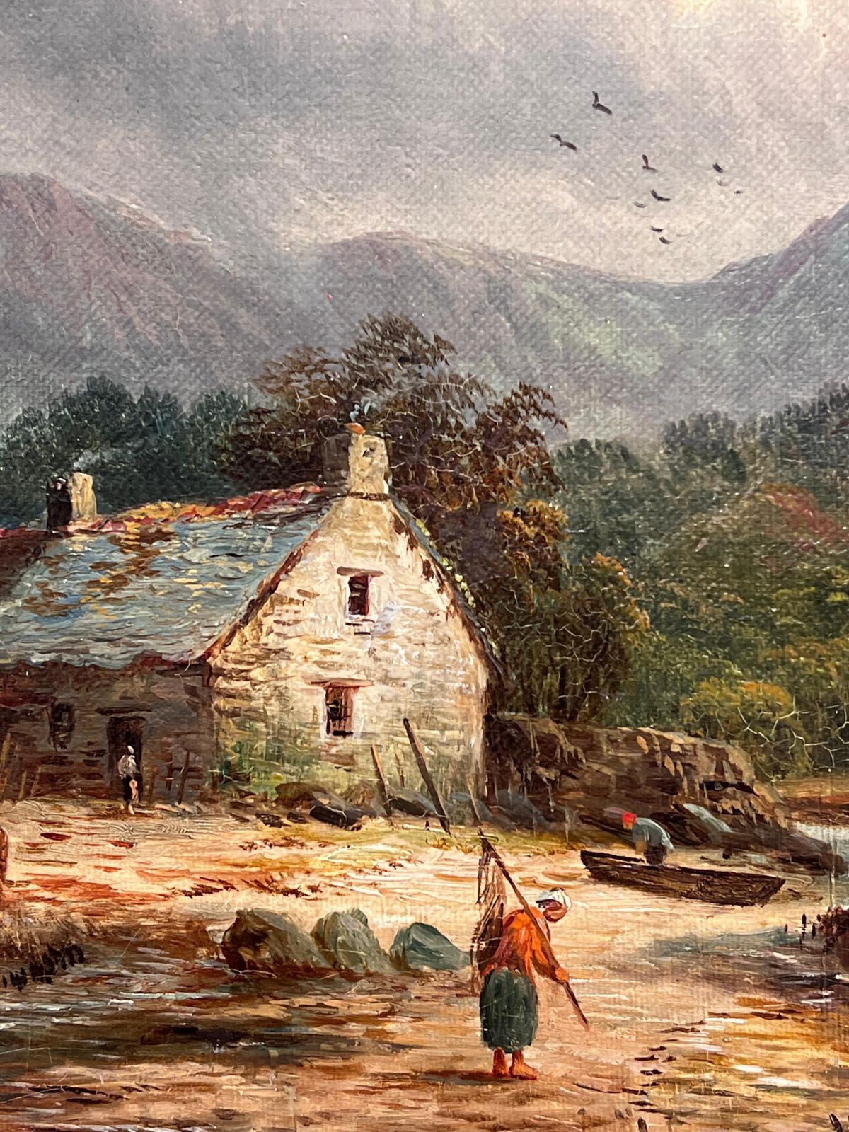 photo furniture British School Victorian Signed Oil Painting Figure By Highland Cottage & Loch In Mountains