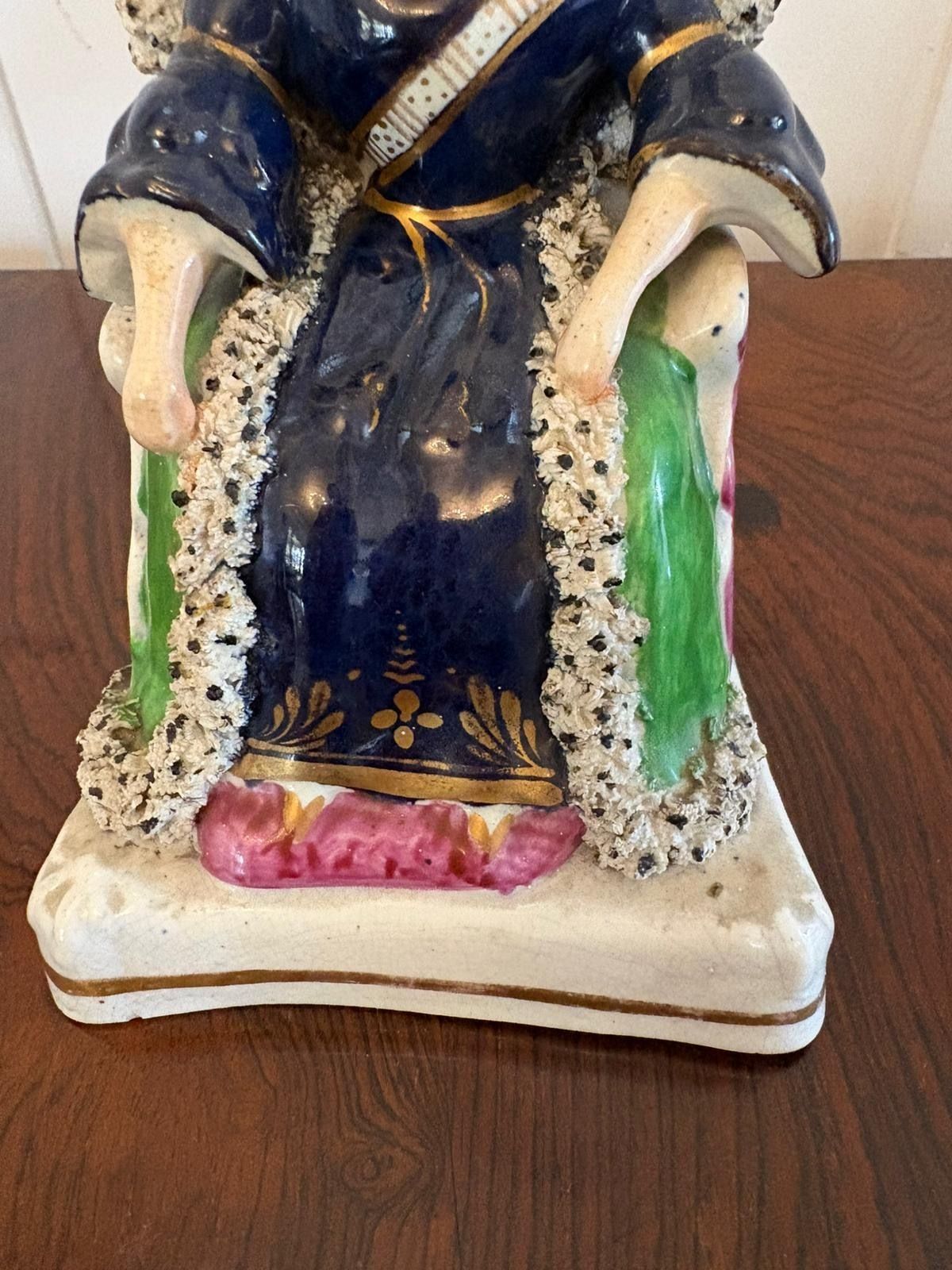 Antique Staffordshire Queen Victoria Figure Flatback Seated Ceramic Ornament Crown Cobalt Blue photo for sale