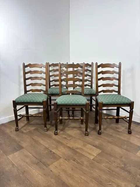 Vintage Oak Set Of Five Ladder Back Dining Chairs