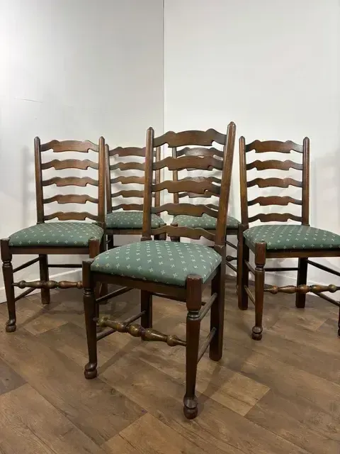 Vintage Oak Set Of Five Ladder Back Dining Chairs photo 349.0