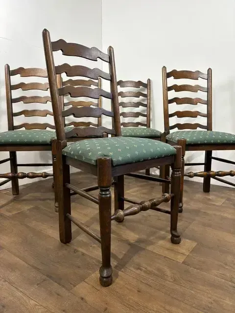 Furniture Vintage Oak Set Of Five Ladder Back Dining Chairs photo