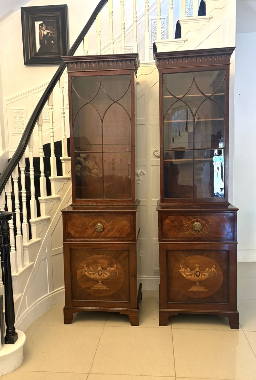 Antique Pair 19th Century Mahogany Inlaid Astragal Glazed Library Bookcases photo Furniture
