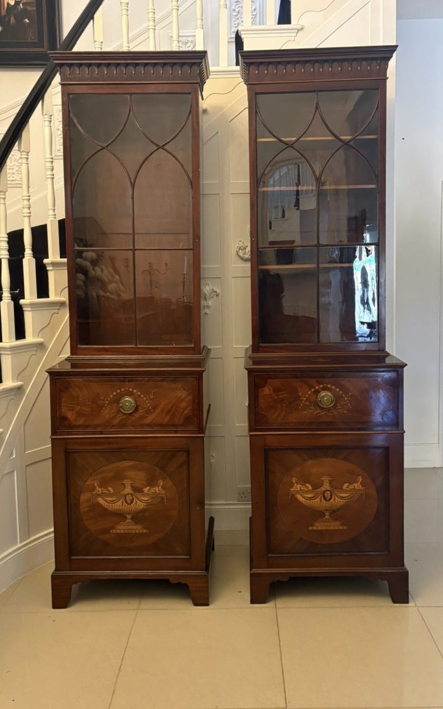 Antique Pair 19th Century Mahogany Inlaid Astragal Glazed Library Bookcases
