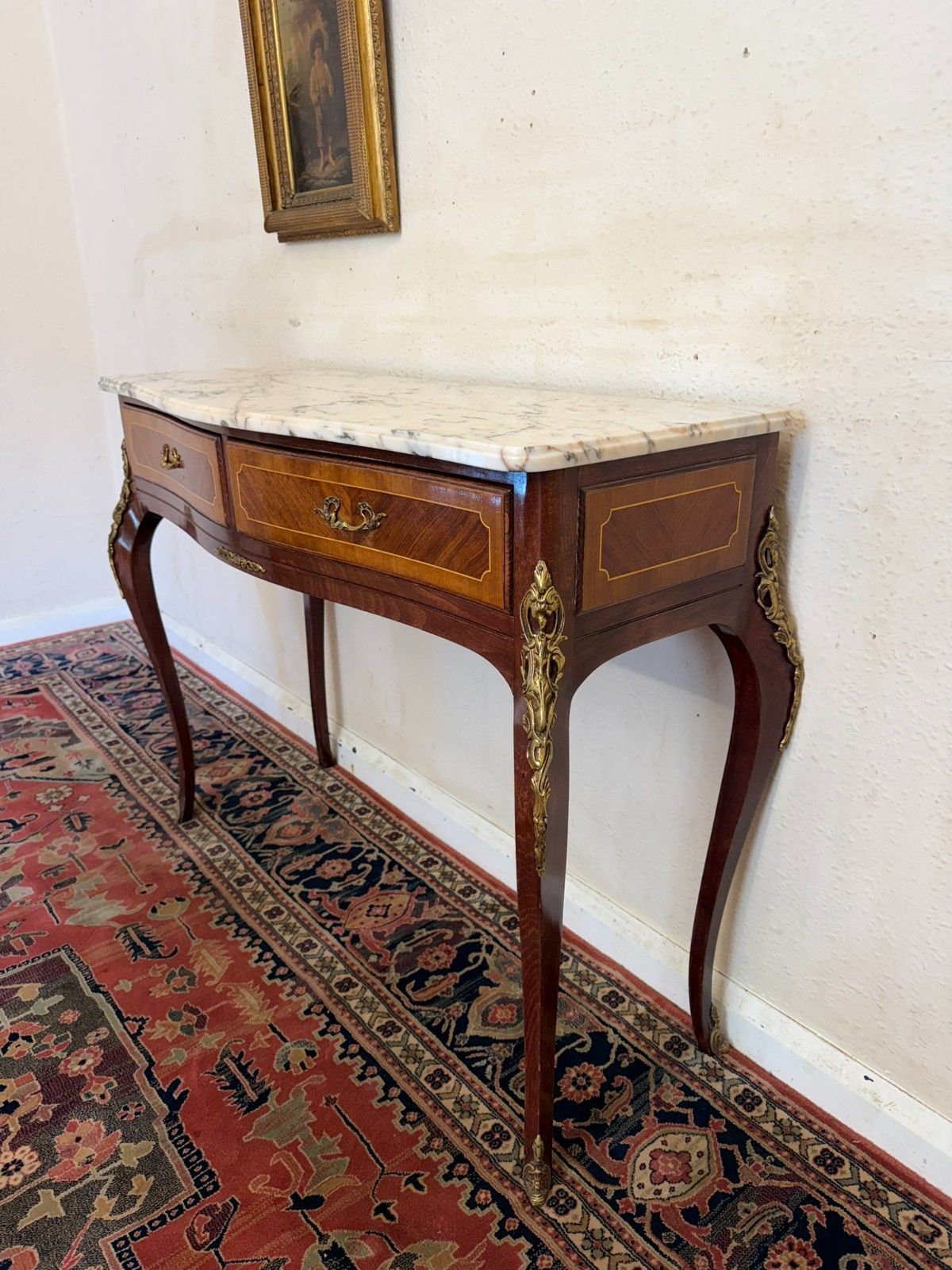 French Kingwood And Gilt Marble Top Two Drawer Console Table Circa 1950 photo 475.0