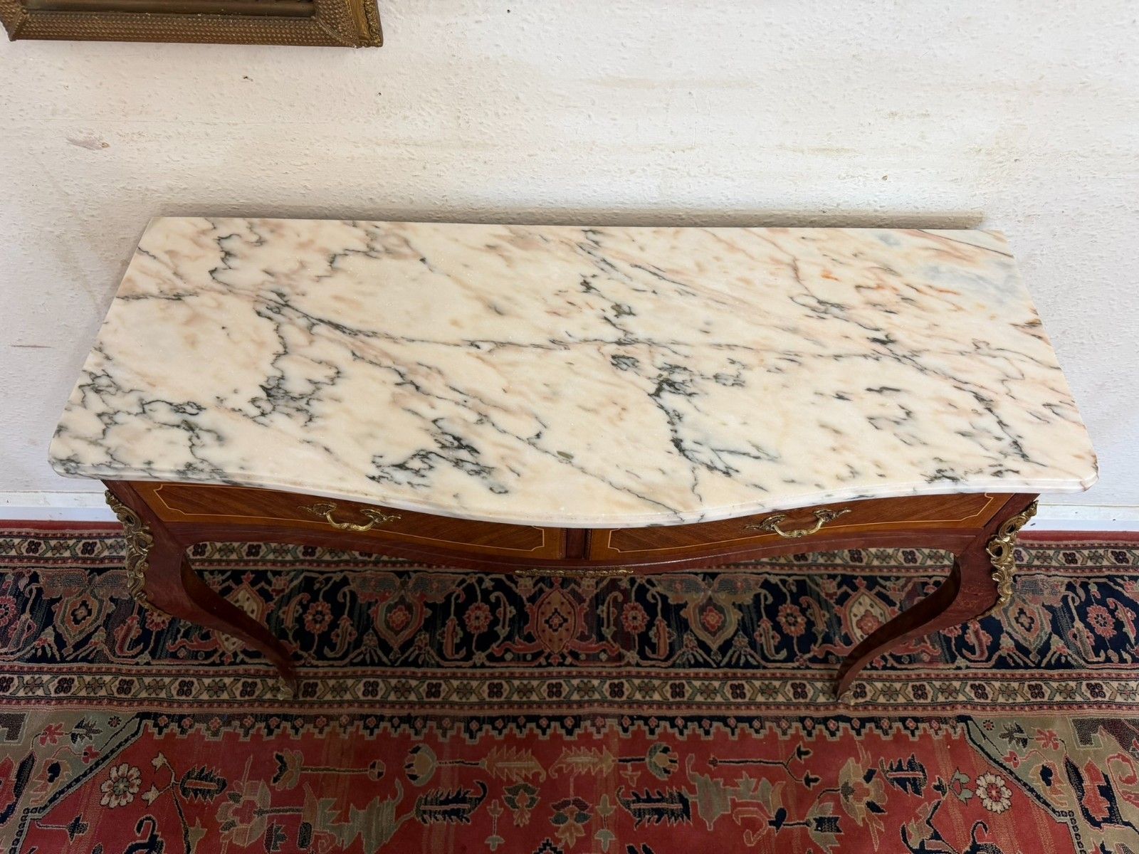 Furniture French Kingwood And Gilt Marble Top Two Drawer Console Table Circa 1950 photo