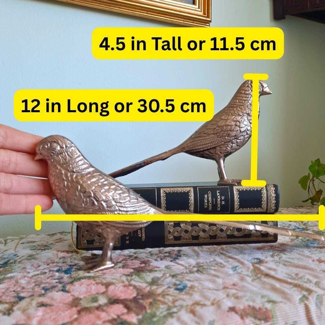 Large Mid Century Silver Tone Pheasants Figures Pair C 1970's. French Country Style Birds photo furniture