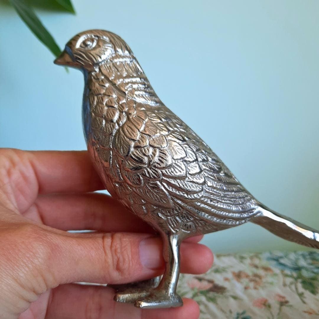 Large Mid Century Silver Tone Pheasants Figures Pair C 1970's. French Country Style Birds photo Art