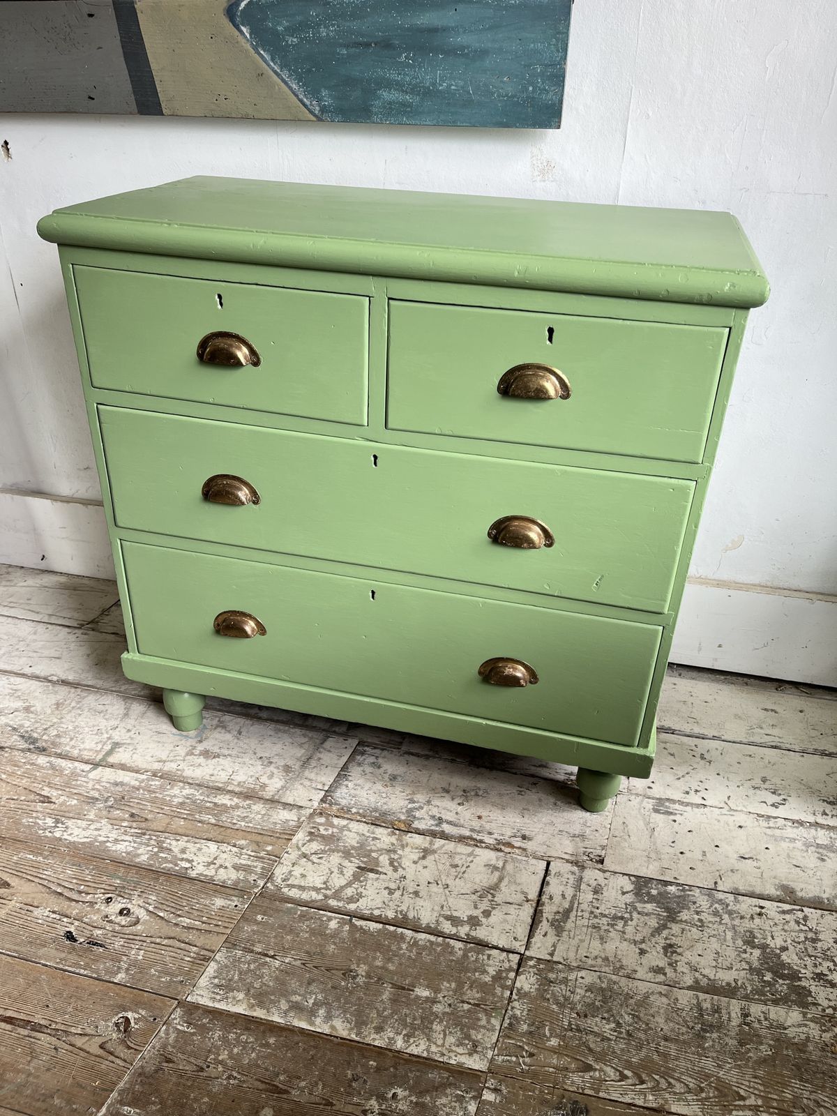 Small Victorian Green Painted Chest Of Drawers With Brass Cup Handles