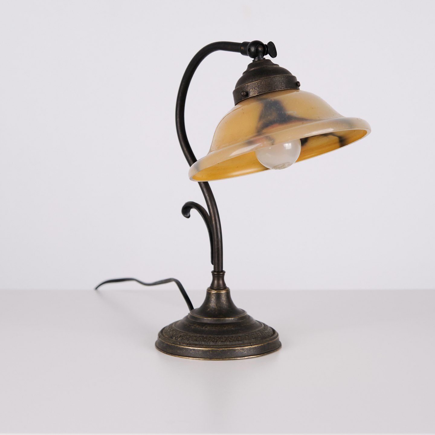 Antique Desk Lamp In Wrought Iron With Yellow Frosted Glass Shade In Art Nouveau Style photo vinterior