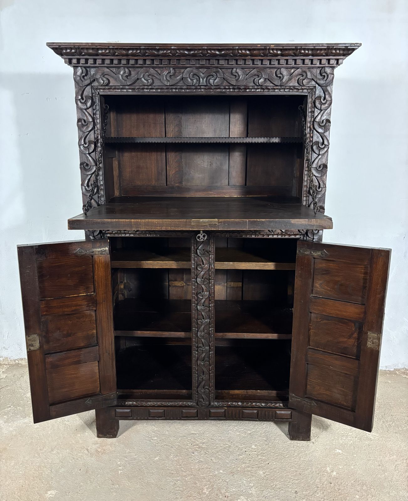 19th Century Baroque Oak Fall Front Cabinet With Deep Carved Decoration photo for sale