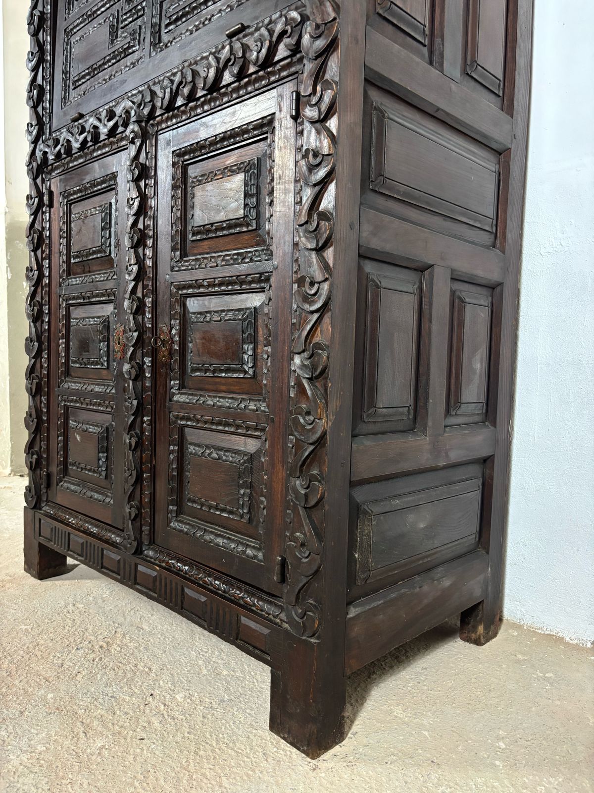 photo furniture 19th Century Baroque Oak Fall Front Cabinet With Deep Carved Decoration