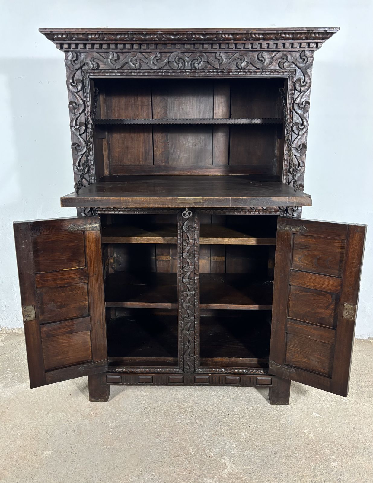 photo buy 19th Century Baroque Oak Fall Front Cabinet With Deep Carved Decoration