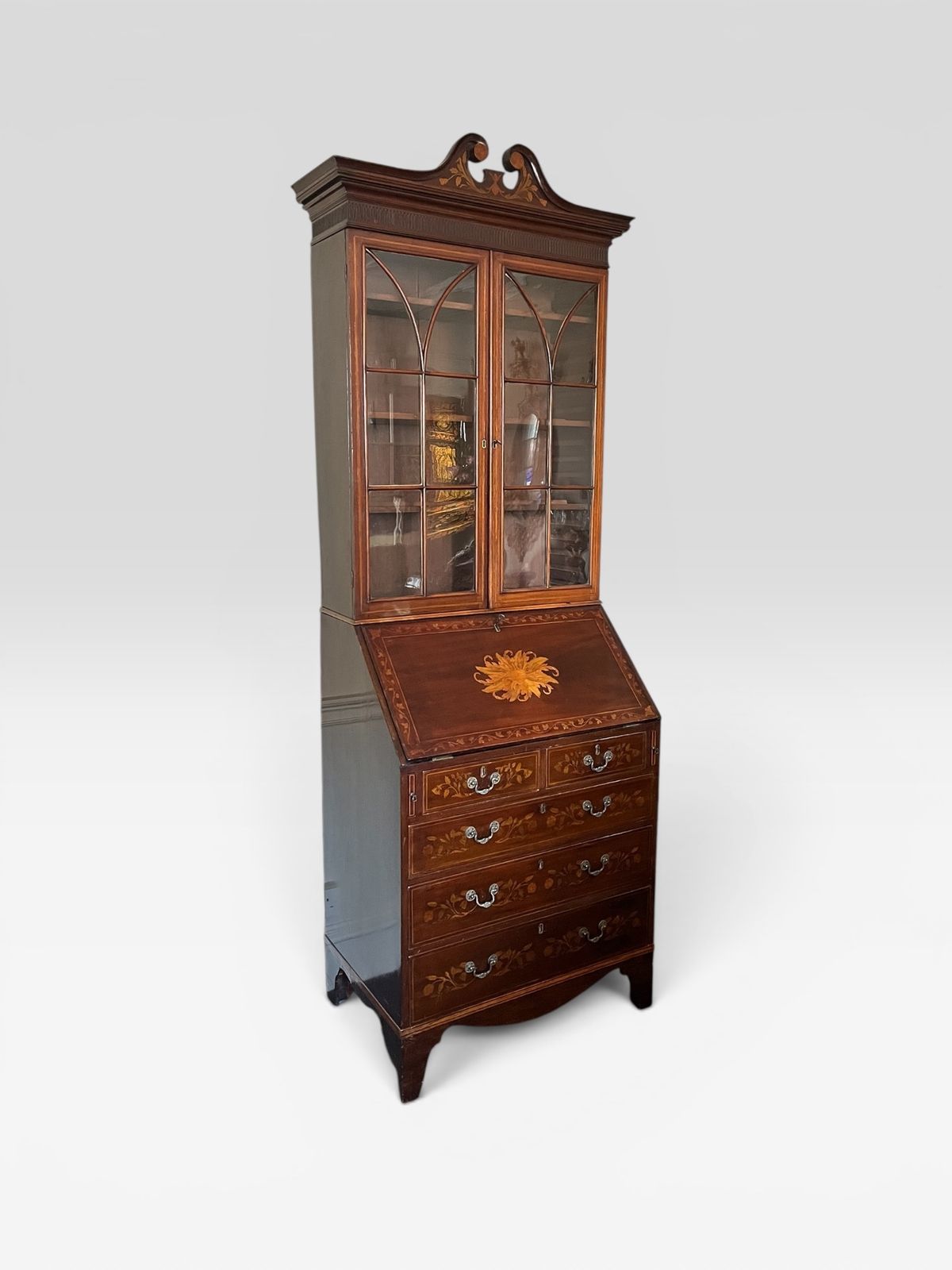 A George III Style Marquetry Inlaid Mahogany Bookcase Bureau photo vinterior