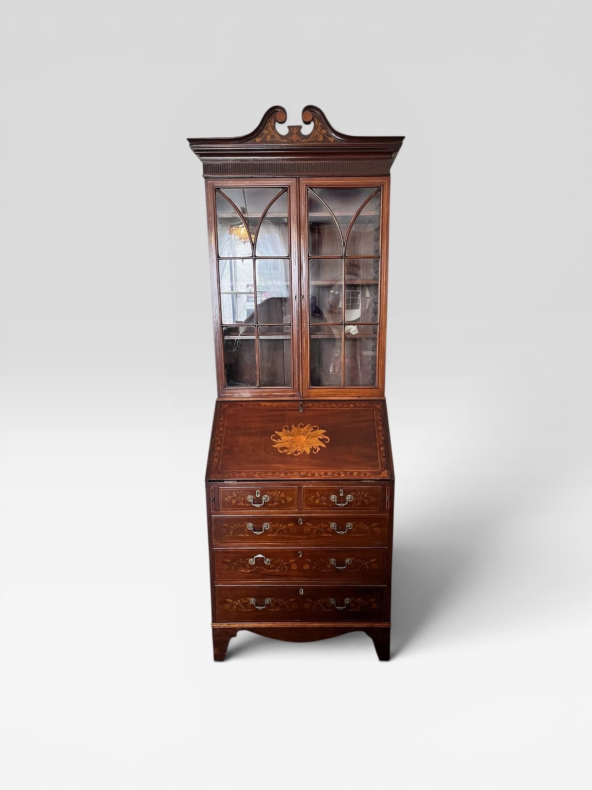A George III Style Marquetry Inlaid Mahogany Bookcase Bureau photo vintage