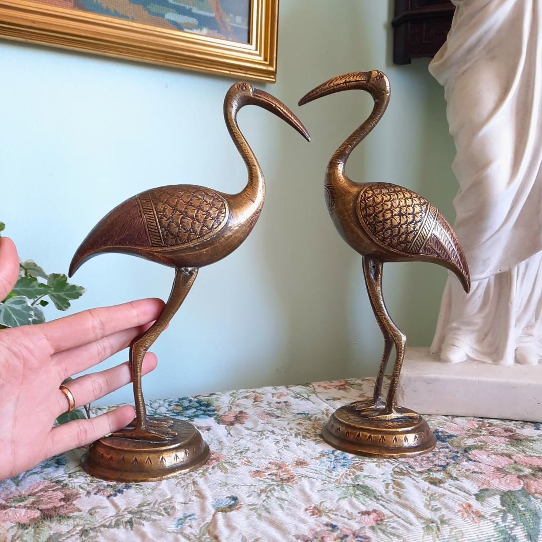 11'' Large Mid Century Indian Engraved Brass Stork Birds Figures Pair 28 Cm Tall, Large Brass Animal Decor.