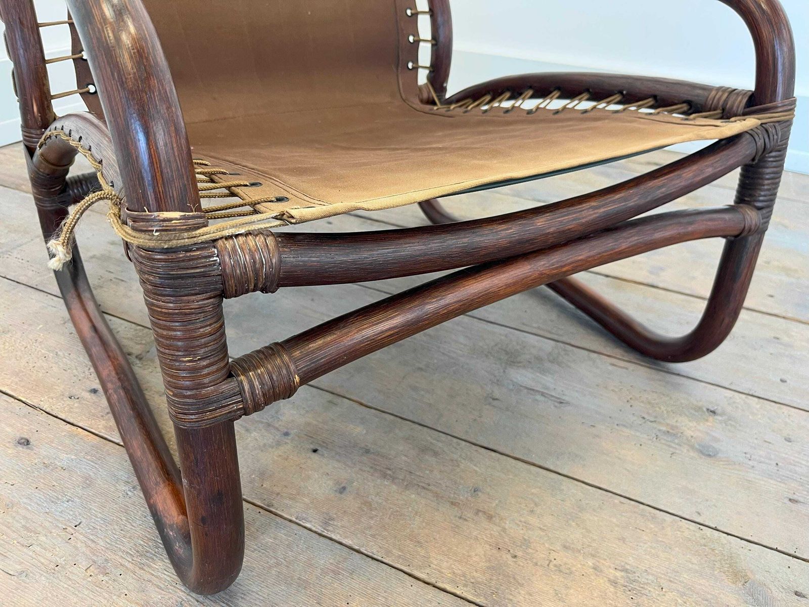 Vintage Safari Lounge Chair / Mid Century Modern Rattan Sling Chair / 1960s Boho Japandi Accent Chair photo vinterior