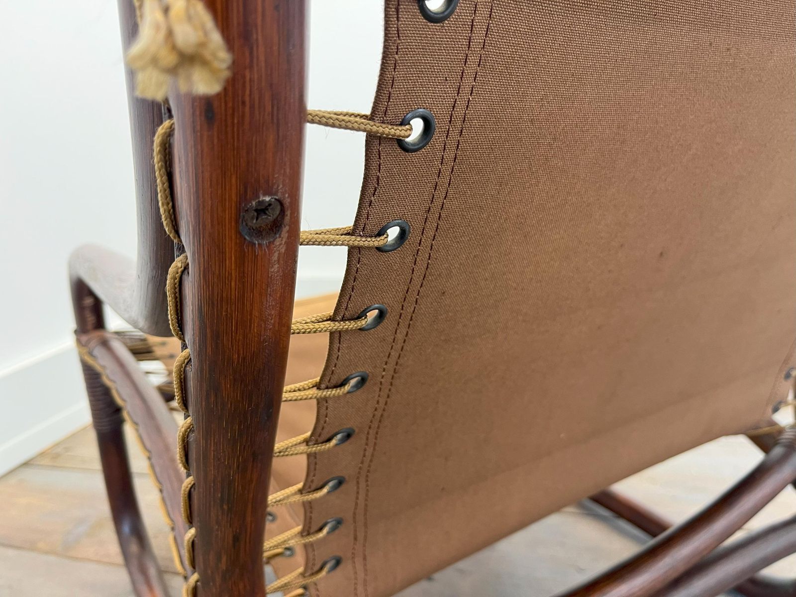 photo furniture Vintage Safari Lounge Chair / Mid Century Modern Rattan Sling Chair / 1960s Boho Japandi Accent Chair