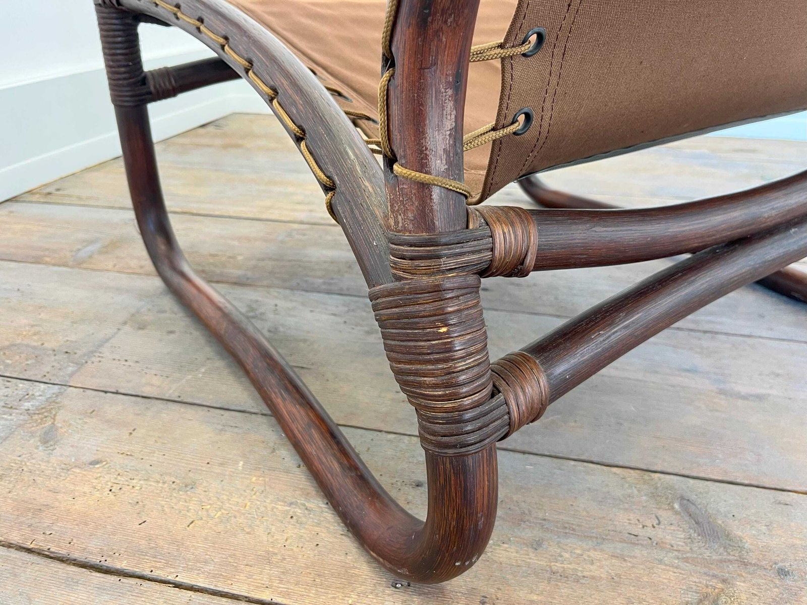 Furniture Vintage Safari Lounge Chair / Mid Century Modern Rattan Sling Chair / 1960s Boho Japandi Accent Chair photo