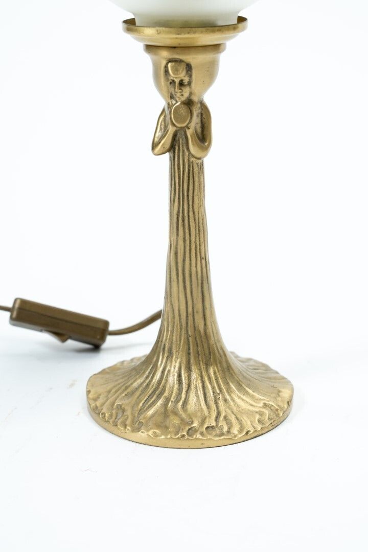 Art Nouveau Style, Copper Female Figure Table Lamp With Opal Glass Shade (1930s 50s) photo for sale