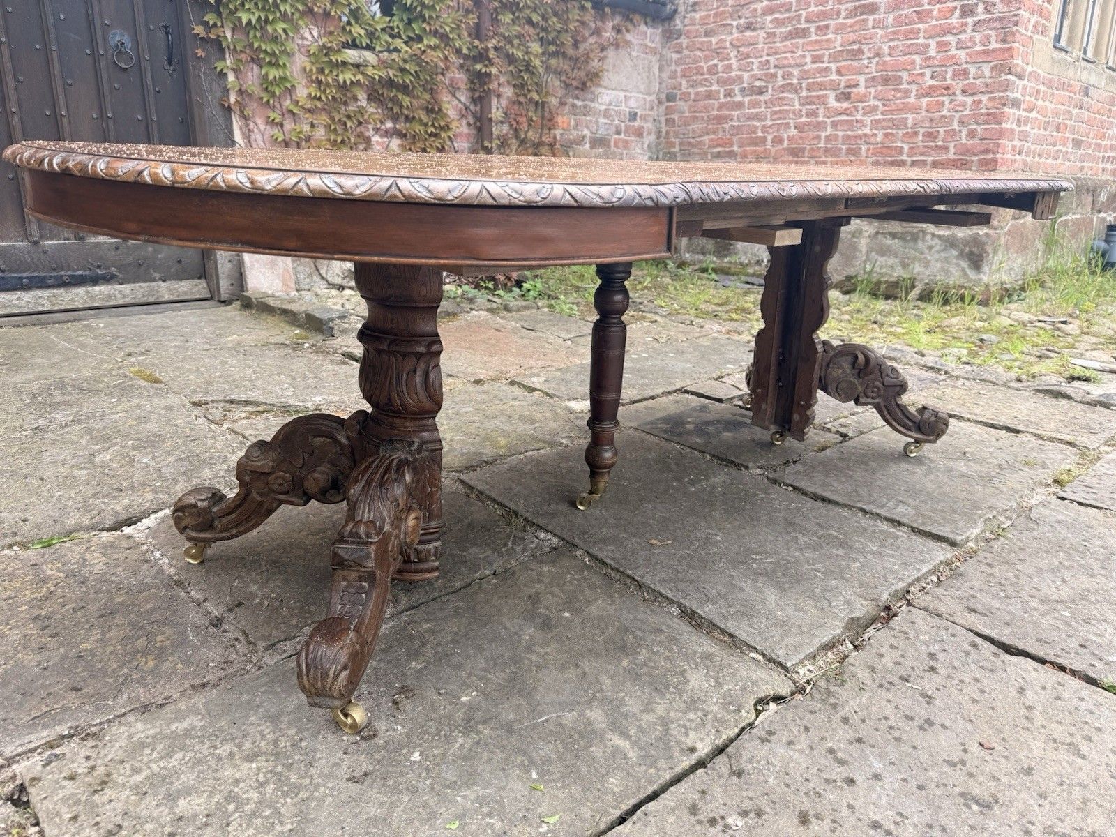 Rare French Antique Carved Oak Henri II Extending Split Pedestal Dining Table photo Furniture