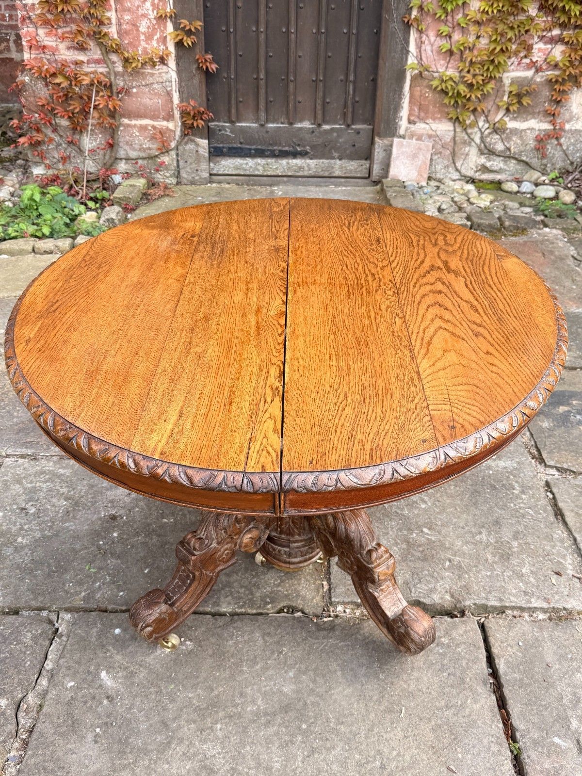 photo buy Rare French Antique Carved Oak Henri II Extending Split Pedestal Dining Table