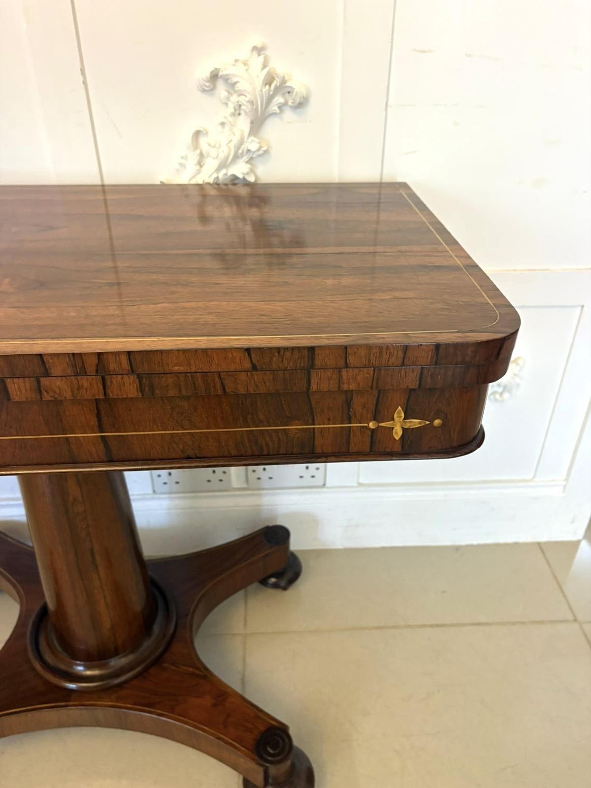 Antique 19th Century Rosewood Brass Inlaid Card Table Fold Over Top photo Furniture