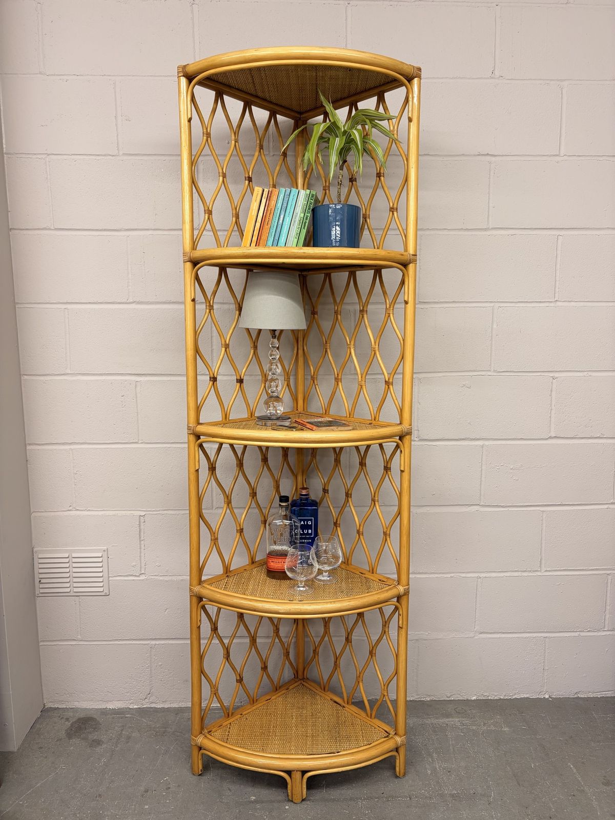 Vintage Tall Corner Cane/ Rattan Shelving Unit