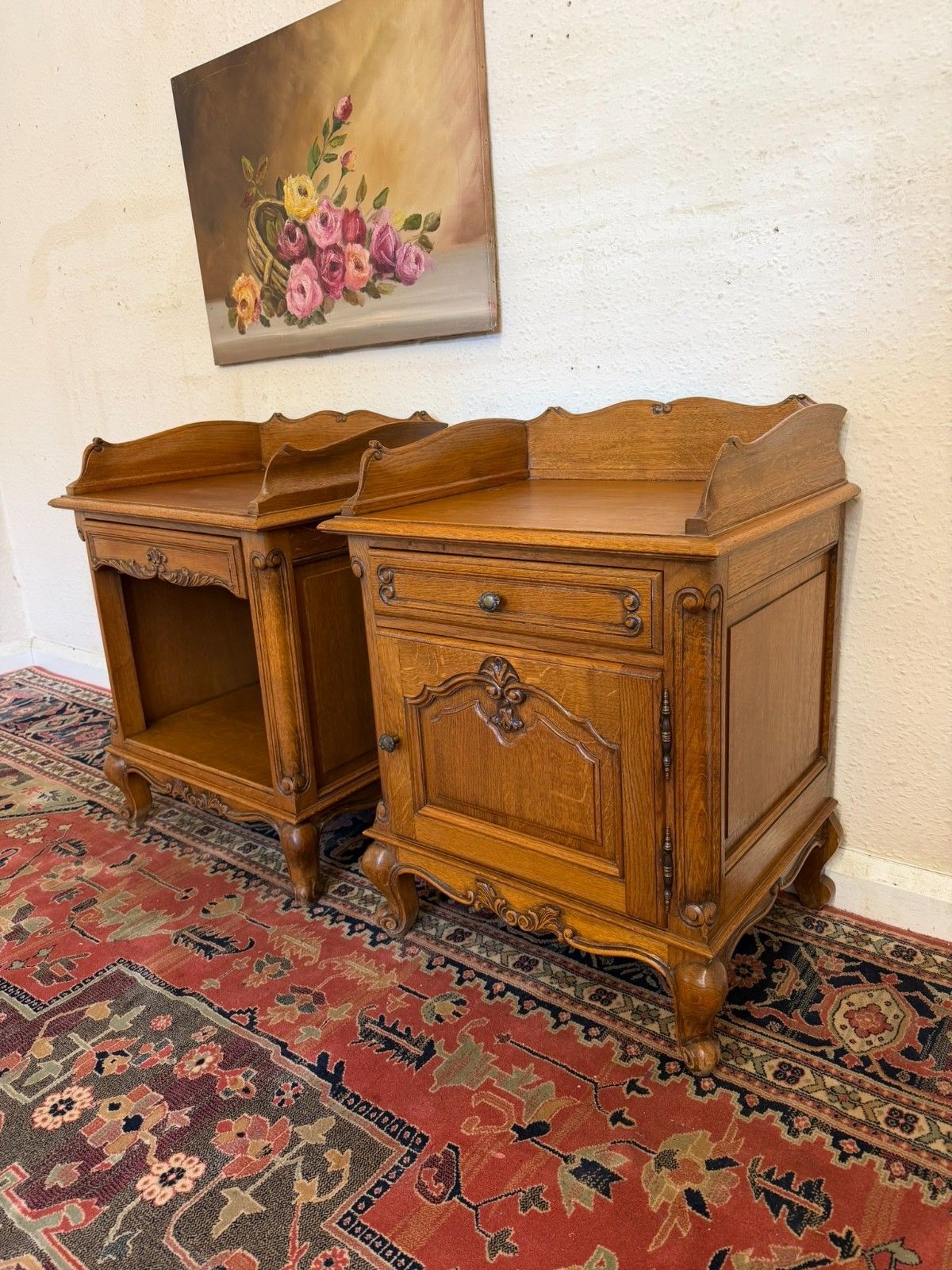 Pair Of French Carved Oak His & Hers Bedside Cabinets Circa 1950 photo furniture