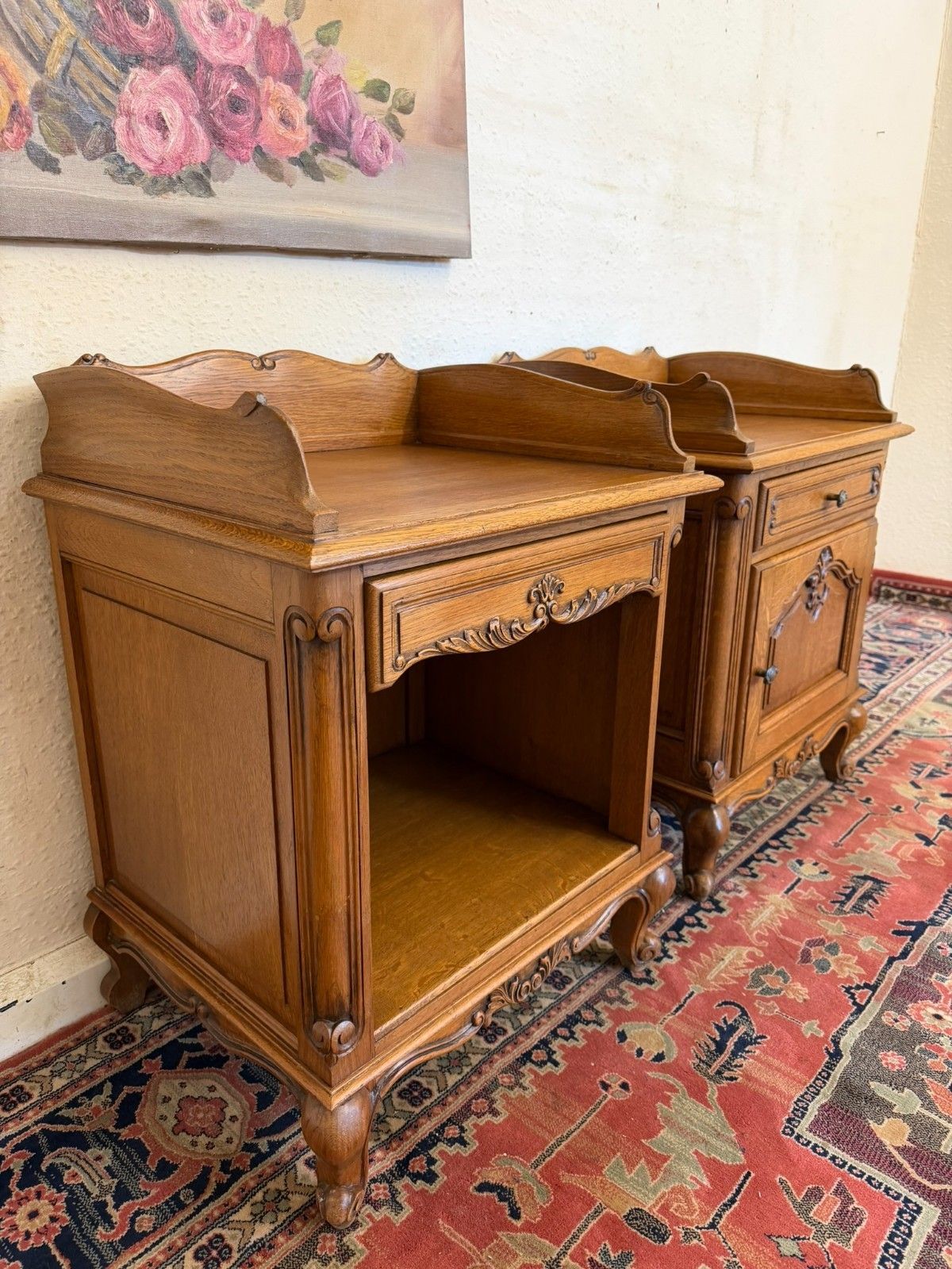 Pair Of French Carved Oak His & Hers Bedside Cabinets Circa 1950 photo Furniture