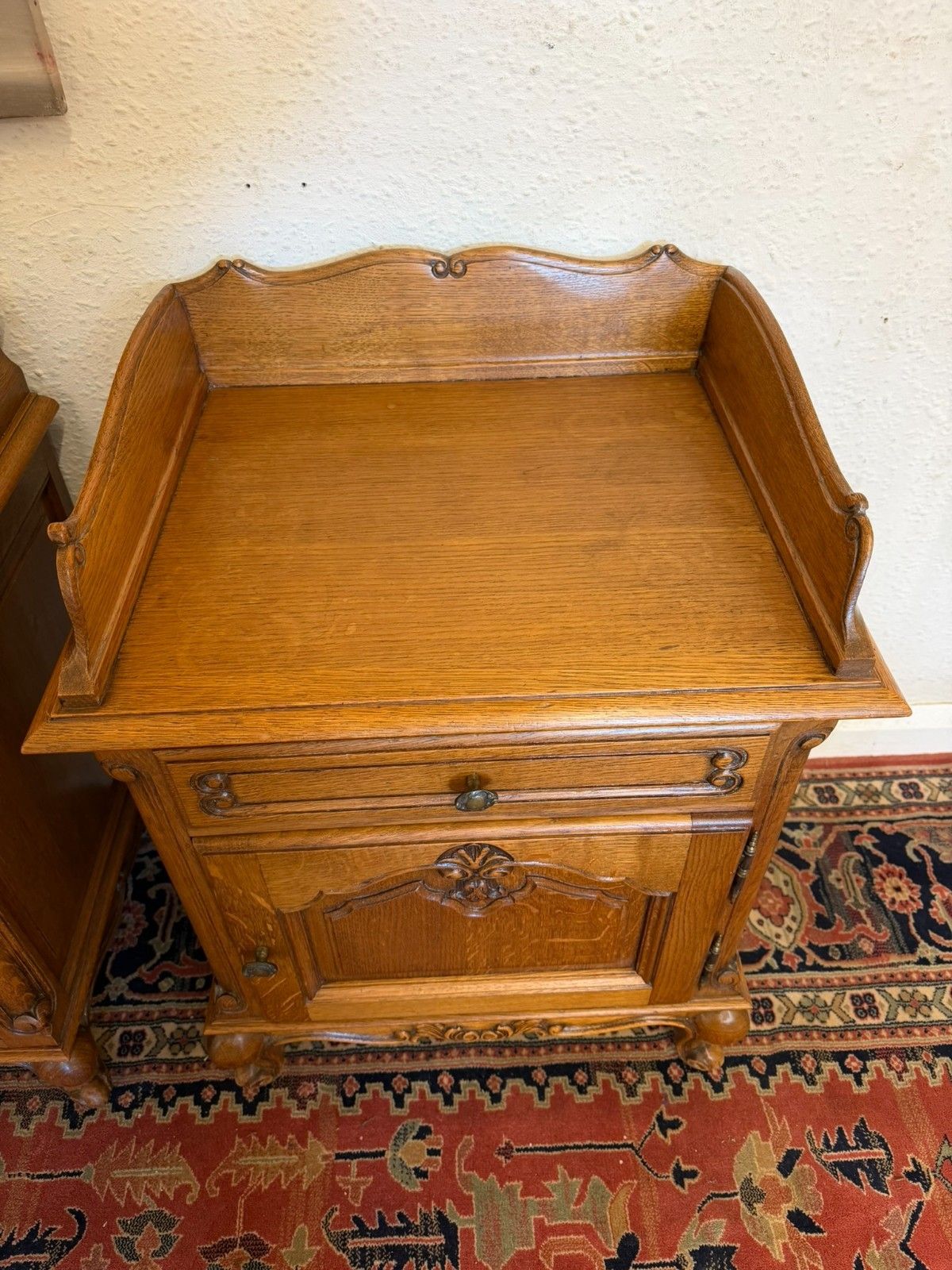Pair Of French Carved Oak His & Hers Bedside Cabinets Circa 1950 photo buy