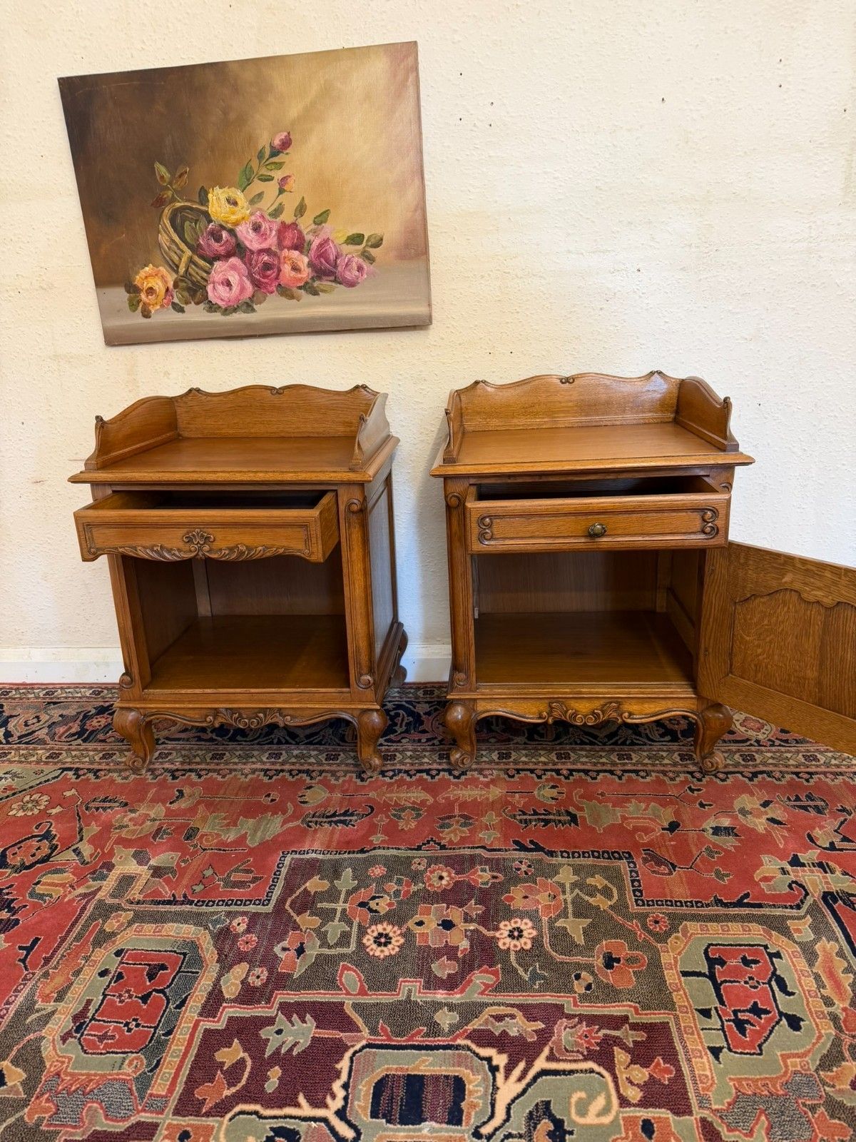 Pair Of French Carved Oak His & Hers Bedside Cabinets Circa 1950 photo vintage