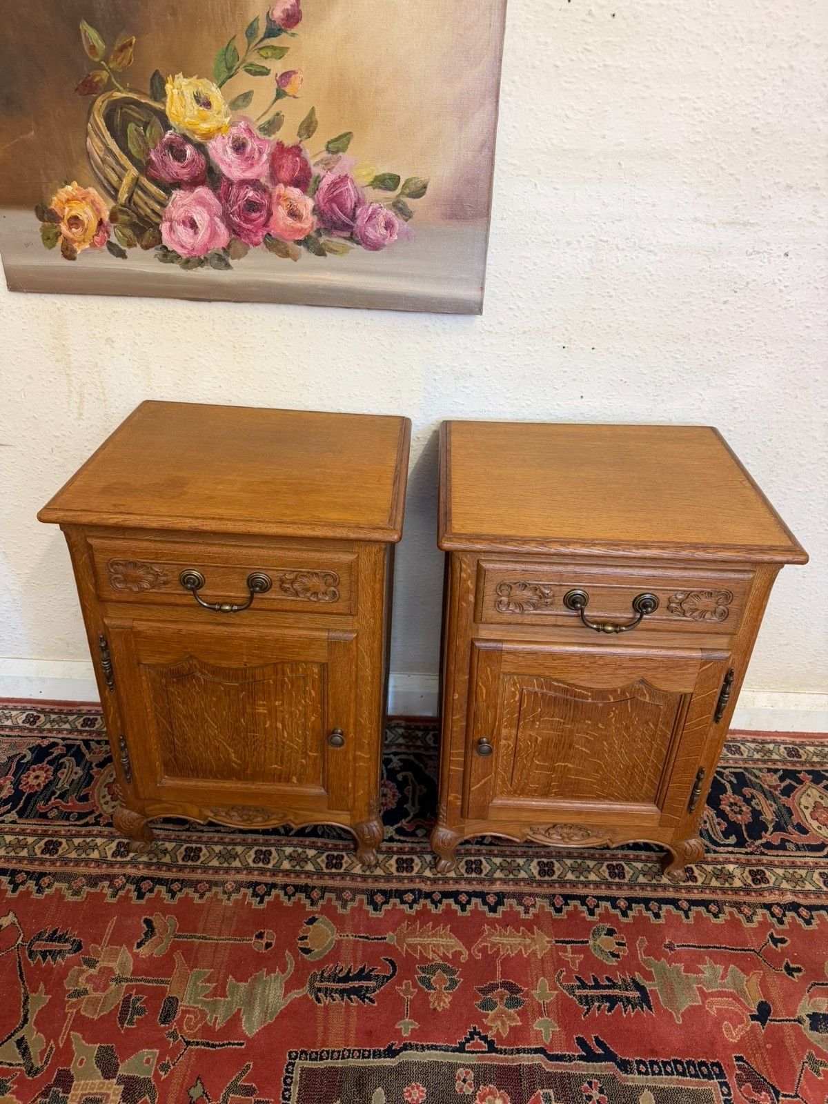 Pair Of French Carved Oak Bedside Cabinets Circa 1950 photo Furniture