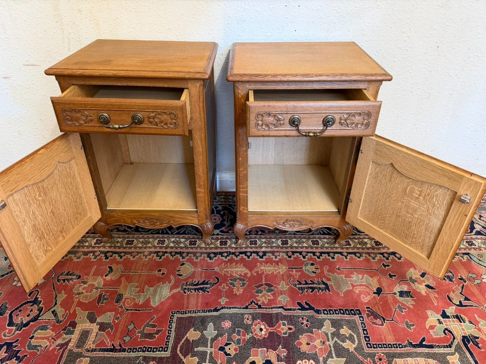 photo furniture Pair Of French Carved Oak Bedside Cabinets Circa 1950