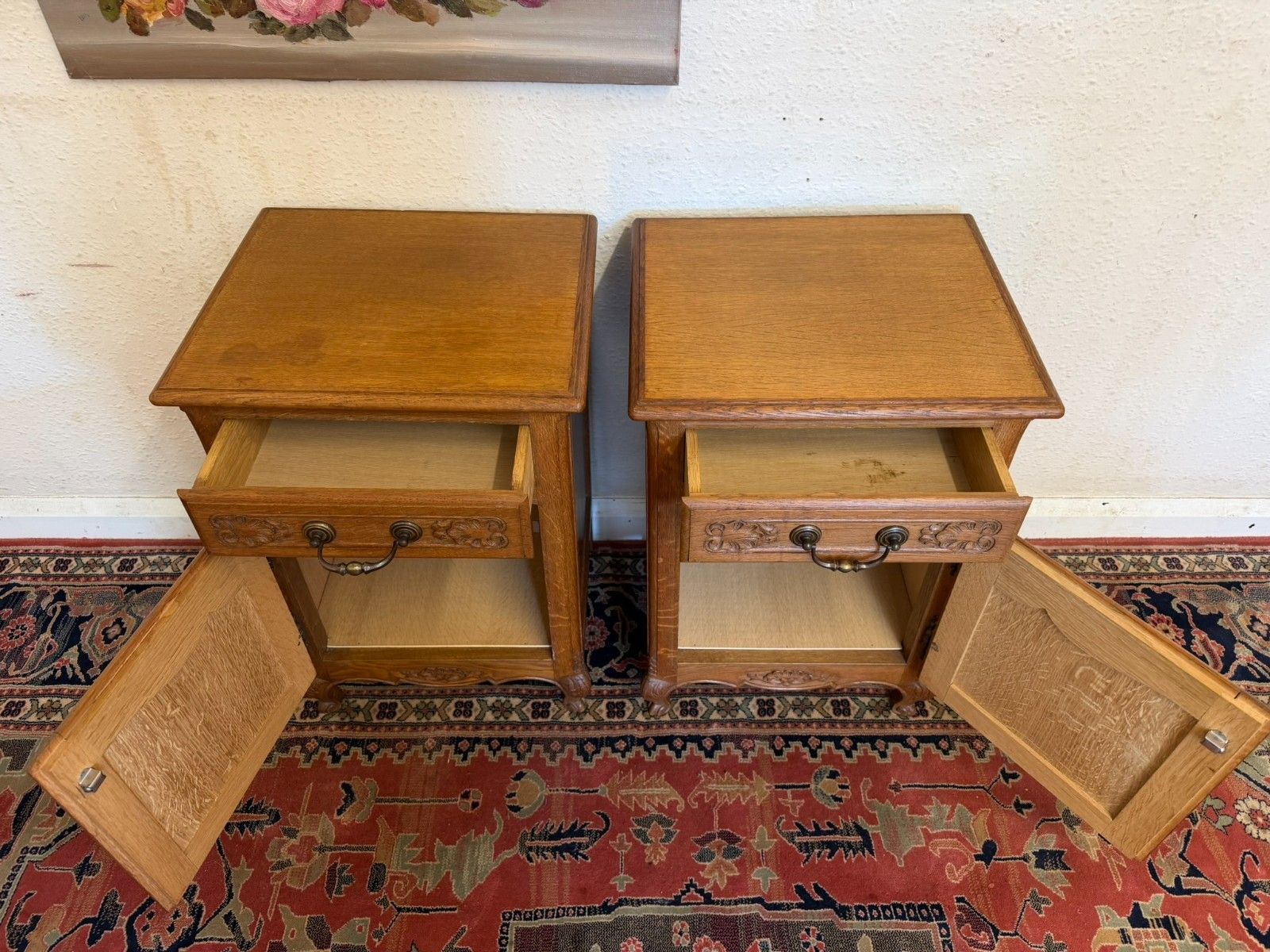 photo for sale Pair Of French Carved Oak Bedside Cabinets Circa 1950