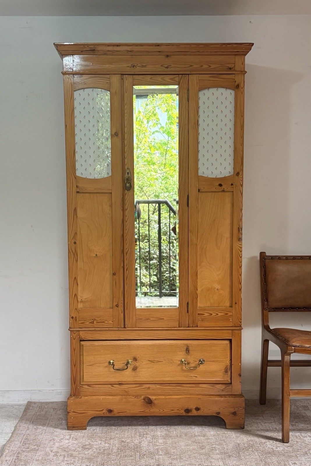 Antique Edwardian Pine Wardrobe Mirrored Armoire Hall Robe Vintage Dresser Drawe