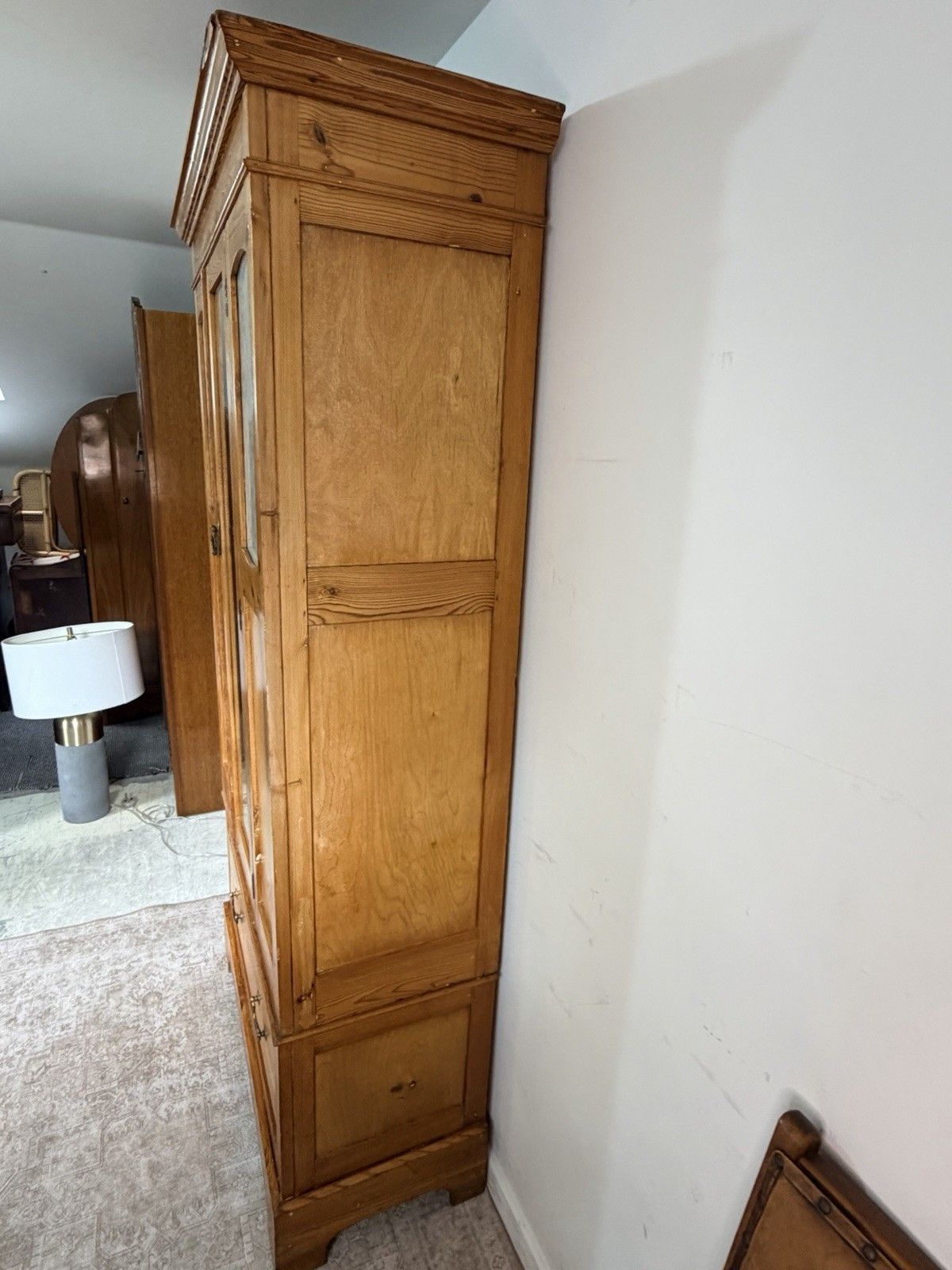 Antique Edwardian Pine Wardrobe Mirrored Armoire Hall Robe Vintage Dresser Drawe photo Furniture