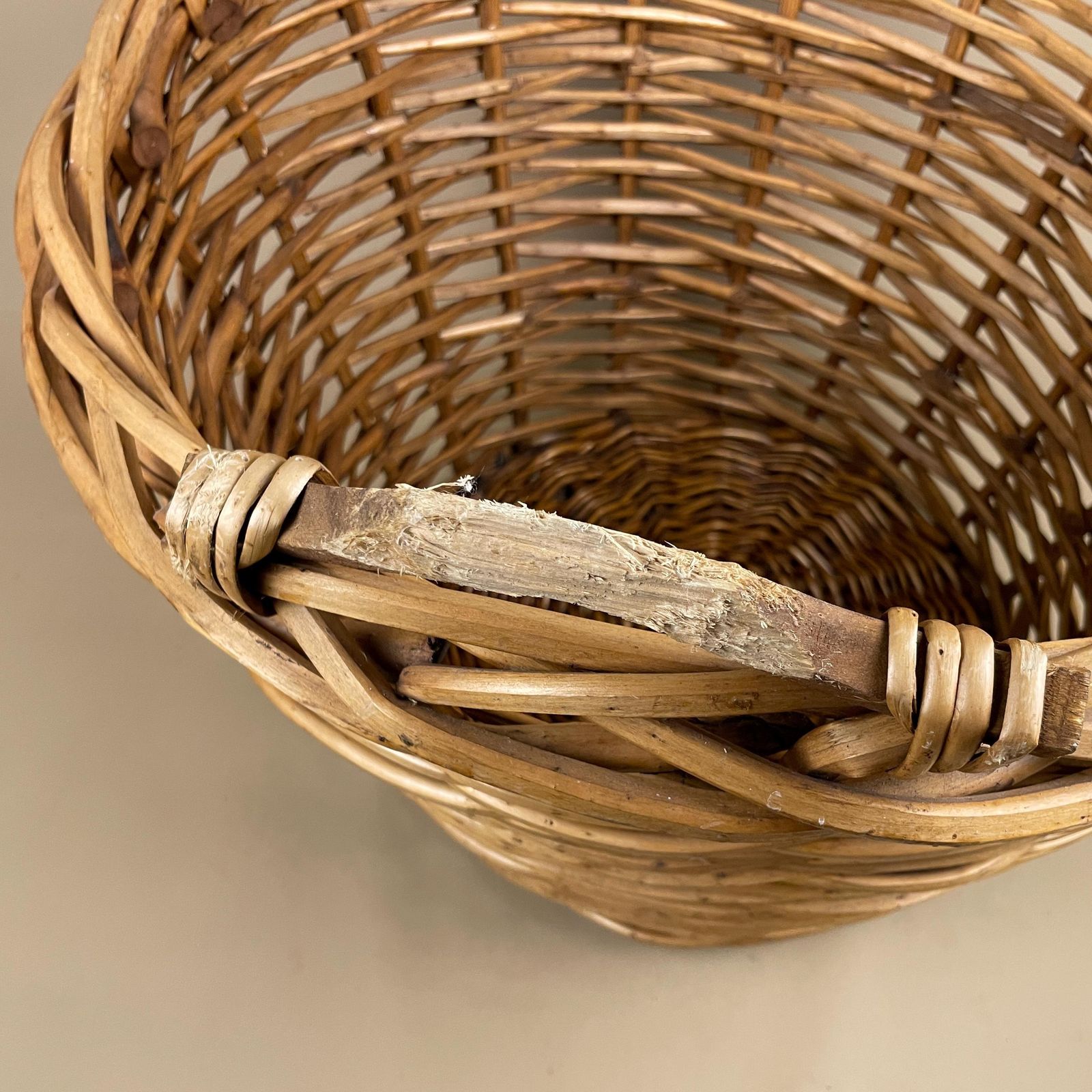 Home Decor Large Round Basket Woven Wicker Brown Antique Storage Farmhouse Cottage Cane Wood Handles Logs Fireplace Fire Side Cylinder Wooden photo