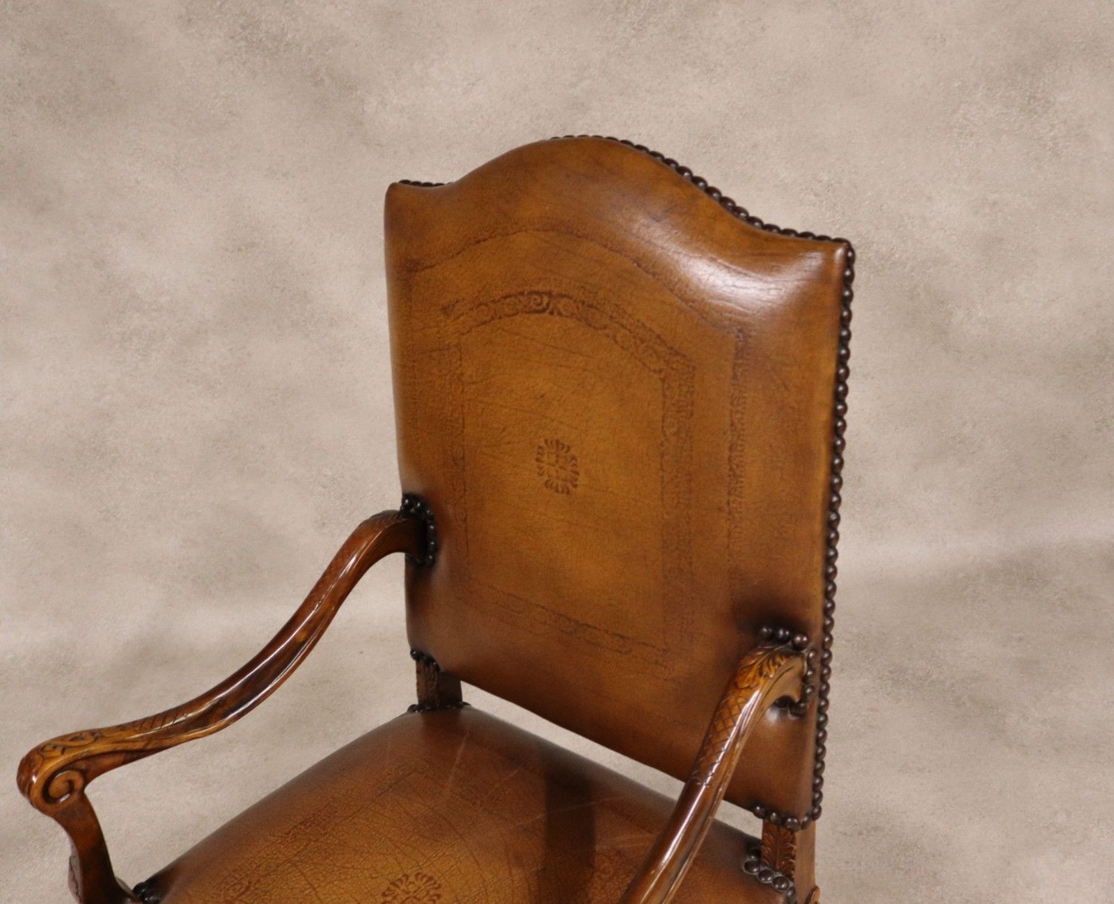 Vintage French Louis XV Style Carved Beechwood Fauteuil Tooled Leather Armchair photo furniture