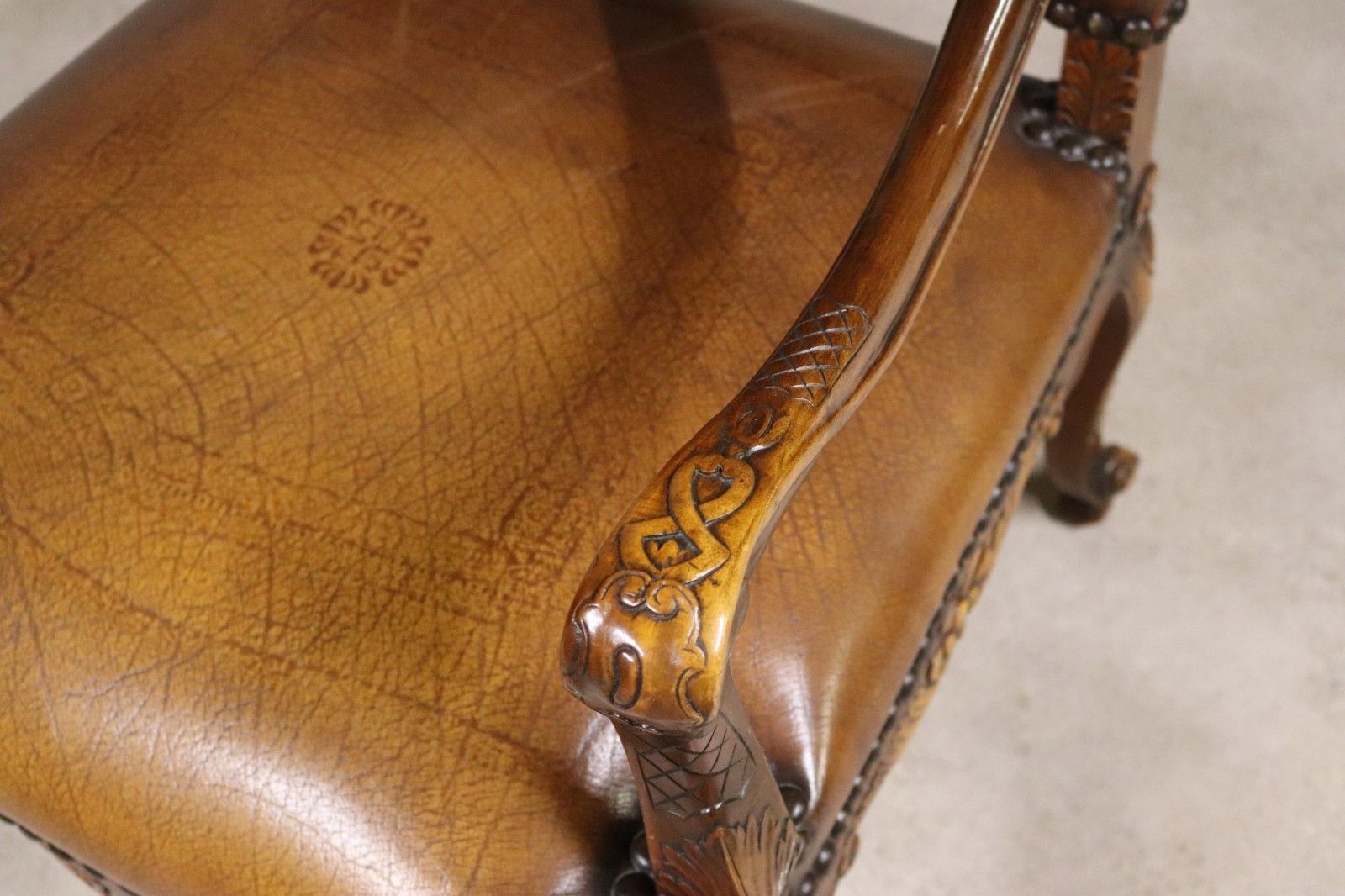 Vintage French Louis XV Style Carved Beechwood Fauteuil Tooled Leather Armchair photo Furniture