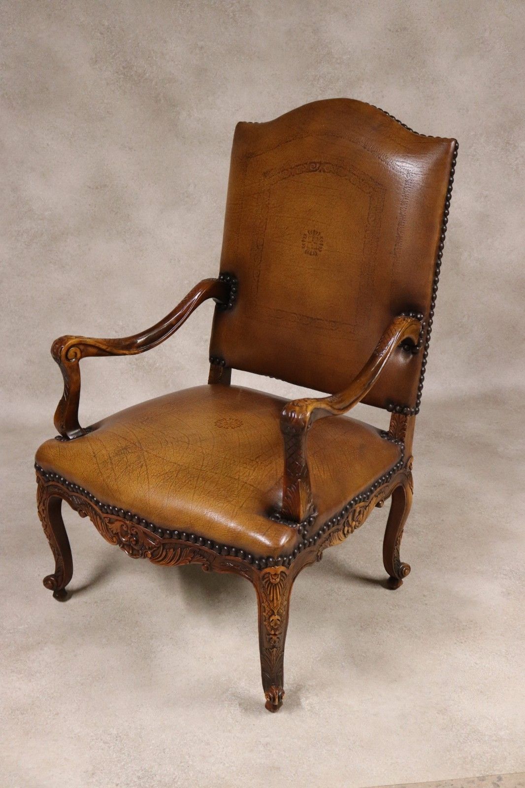 photo for sale Vintage French Louis XV Style Carved Beechwood Fauteuil Tooled Leather Armchair