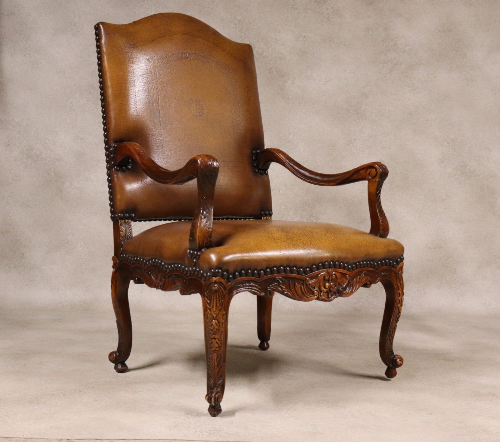 photo buy Vintage French Louis XV Style Carved Beechwood Fauteuil Tooled Leather Armchair