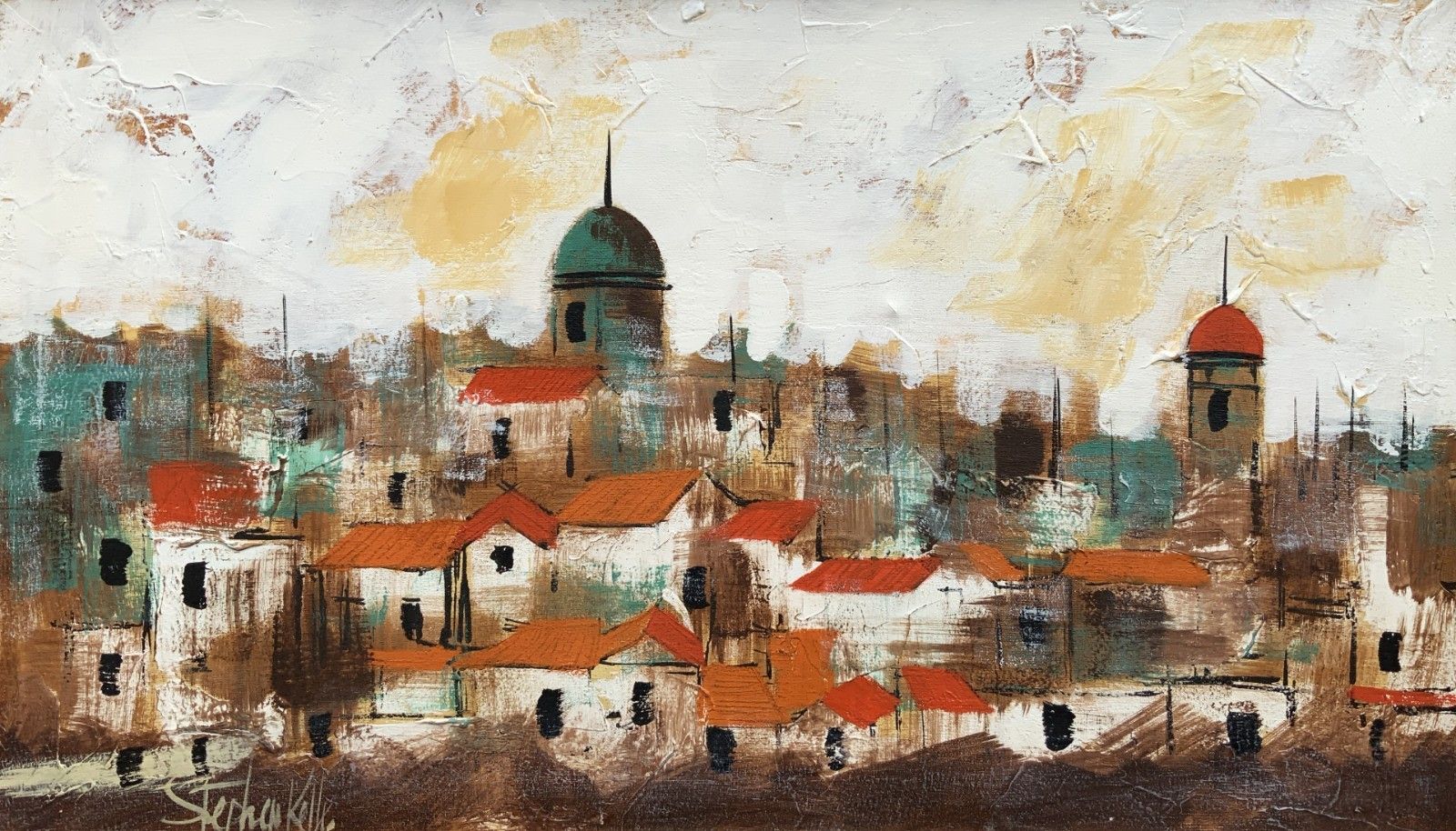 Beautiful 20th Century Vintage Abstract Cityscape Oil & Impasto Painting photo for sale