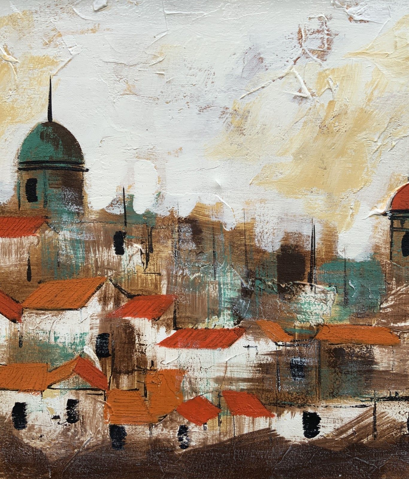 Beautiful 20th Century Vintage Abstract Cityscape Oil & Impasto Painting photo vinterior