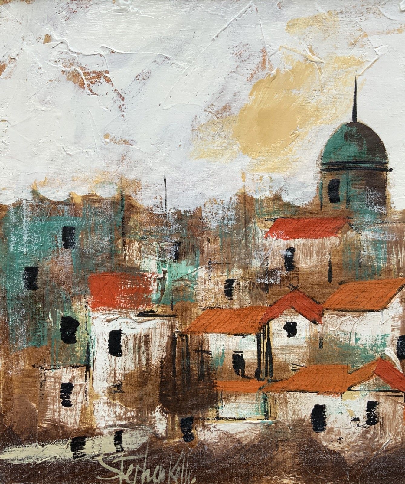 Beautiful 20th Century Vintage Abstract Cityscape Oil & Impasto Painting photo buy