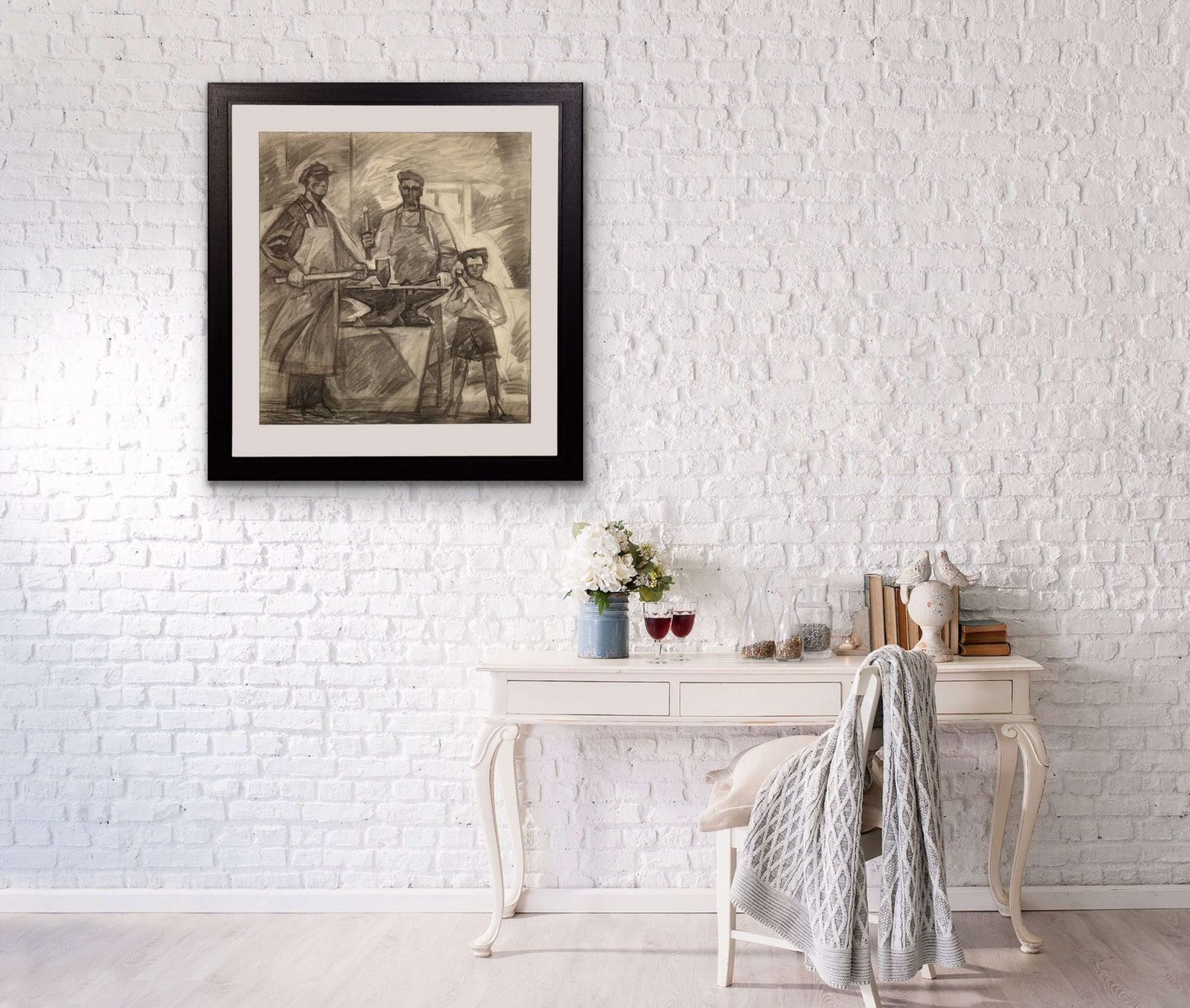 photo furniture Mid 20th Century Soviet Ukraine Era. Framed Charcoal 1960s Political Drawing Three Generations Of Steel Factory Workers