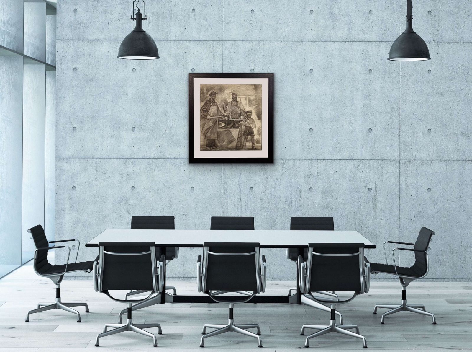 photo for sale Mid 20th Century Soviet Ukraine Era. Framed Charcoal 1960s Political Drawing Three Generations Of Steel Factory Workers